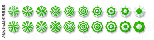 Top view illustration series of green and white umbrellas in various geometric patterns. Modern minimalistic style suitable for summer themes or design backgrounds.
