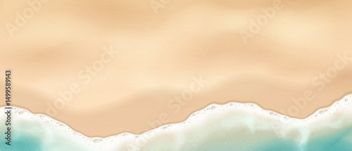 Illustration shows sandy beach with gentle waves in soft beige and blue. This serene coastal image is ideal for summerthemed designs and backgrounds.