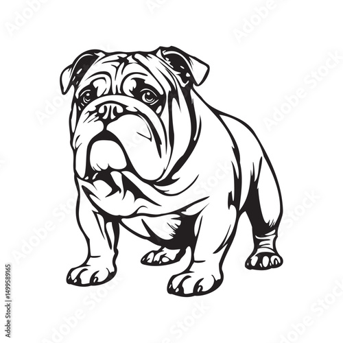 Bold black and white vector illustration of an English Bulldog in standing pose, thick line stylized drawing showing wrinkled face, jowls, muscular build, and determined expression