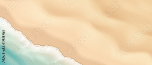 Illustration of a tranquil beach scene. Gentle waves lap sandy shores. Beige and turquoise hues create a serene atmosphere. Perfect for summer themes or relaxation.