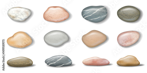 Collection of realistic stones with smooth, rounded surfaces in diverse colors. Ideal for design and decoration. Natural textures presented on white background.