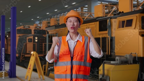 Asian Female Engineer With Safety Helmet Screaming Goal And Dancing Celebrating, Train Maintenance Engineers in a Depot