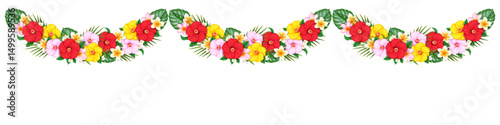 Vibrant floral garland with tropical flowers in a seamless design. Includes red, yellow, and pink blooms with green leaves. Perfect for festive decorations.