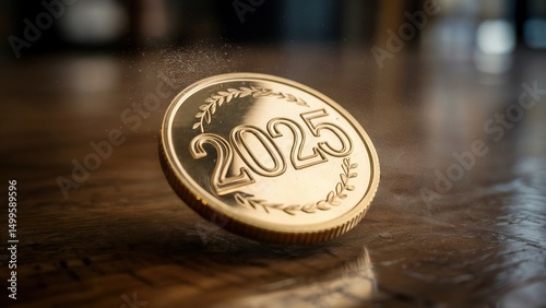 Golden coin with the year 2025 levitating over a wooden surface