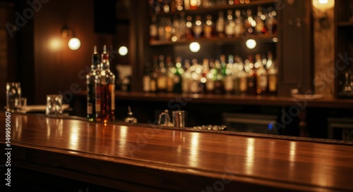 Warmly lit bar counter with liquor bottles and glassware, creating an inviting atmosphere