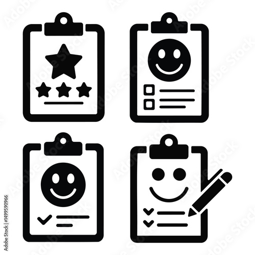 Customer satisfaction survey form feedback clipboards with star rating and happy face icons set vector design