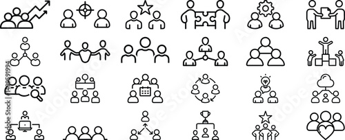 Business Team - line vector icon set. The Collection organized Group, Group Of People, Team, Coworkers, Diversity, Team Building, Handshake, Jigsaw Piece, Meeting.