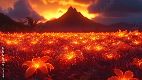 Radiant sunset over a field of glowing orange lilies