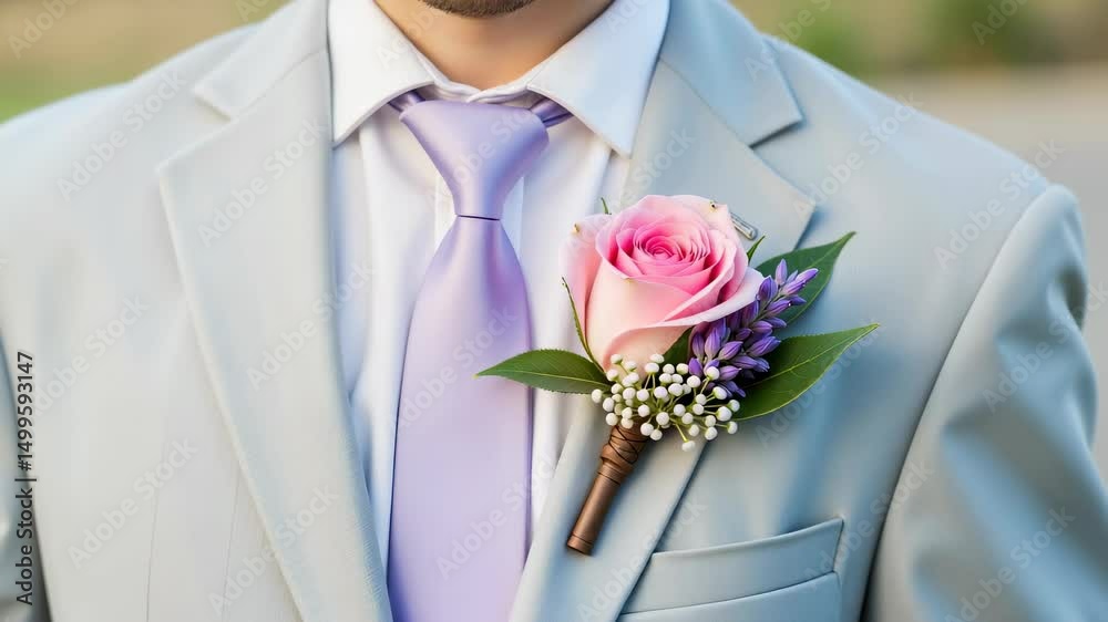 Elegant Groom's Boutonniere - Pink Rose with Baby's Breath on Light Blue Suit for Wedding Photography, Romance Videos, and Formal Event Inspiration