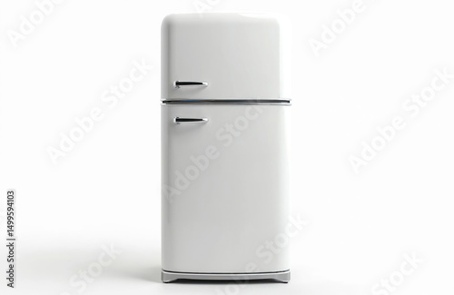 White retro refrigerator isolate on white background. Appliance with chrome handles, door, and stainless steel details. Modern kitchen equipment. Isolated domestic fridge.