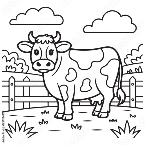 Hand-drawn illustration of a cow standing in a field with clouds and a wooden fence