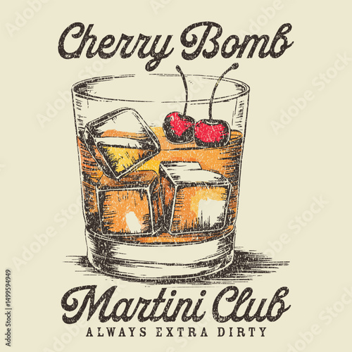 Vintage typography cherry martini cocktail club slogan print with pink drink glass illustration for graphic tee t shirt or poster sticker - Vector. Espresso Martini Social Club Vintage Summer Cocktail