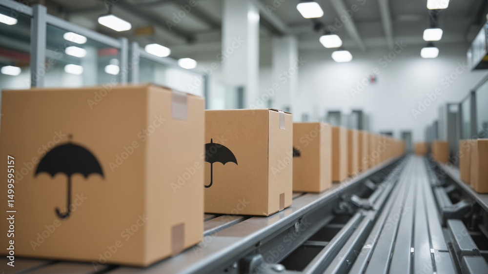 Automated Packaging Line - Cardboard Boxes with Printed Umbrella Icons Moving on Conveyor for Quality Control in Manufacturing and Distribution Centers Automated Packaging Line - Cardboard Boxes with Printed Umbrella Icons Moving on Conveyor for Quality Control in Manufacturing and Distribution Centers