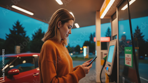 Digital Payment at Gas Station – Woman Using Smartphone App for Contactless Fueling at Night for Mobile Payment Solutions, Financial Technology, and Modern Lifestyle Convenience