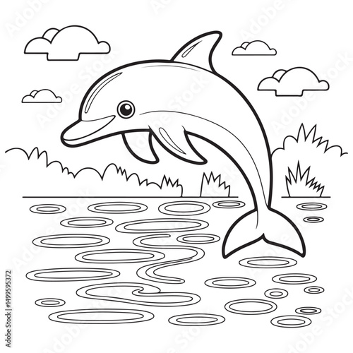  Hand-drawn illustration of a jumping dolphin in the water with clouds and grass