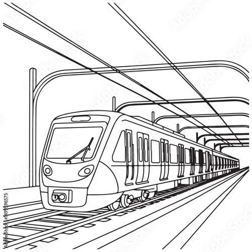Hand-drawn illustration of a subway train passing through a city with buildings and clouds