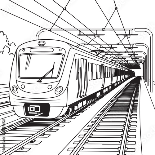 Hand-drawn illustration of a subway train passing through a city with buildings and clouds