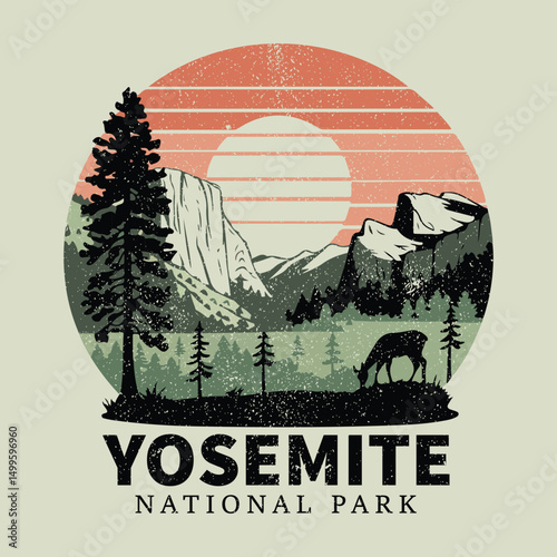 Yosemite national park mountain print design, outside vector print design. Mountain adventure artwork design. Wild national park illustration. Wild  vector artwork design. Explore more.
