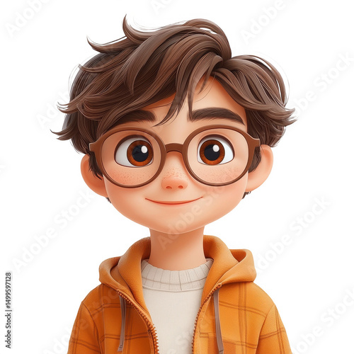 Cartoon character boy with glasses cute animation style portrait render on transparent background