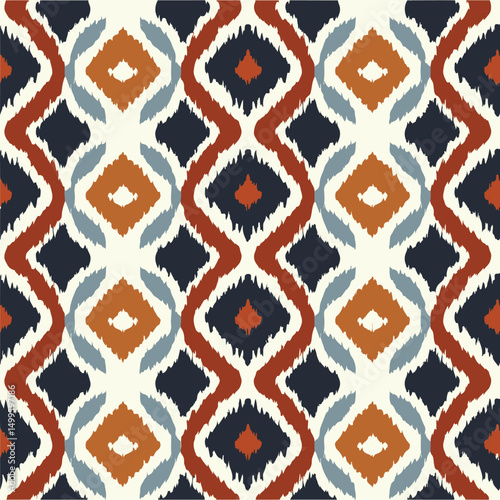 Hand drawn Ikat seamless pattern vector tie dyed shibori print with lines and stripes ink texture background. Ikat Seamless Pattern Design for Textile. Watercolor ikat seamless pattern. 