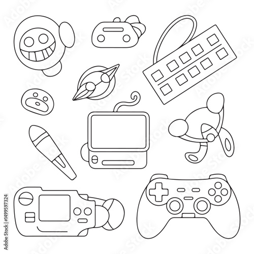 Collection of hand-drawn electronic gadgets and toys illustrations including game controllers, camera, and music players