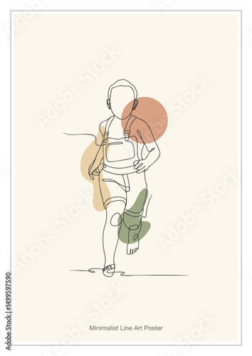 Running child one line art. Playful minimalist abstract poster vector design