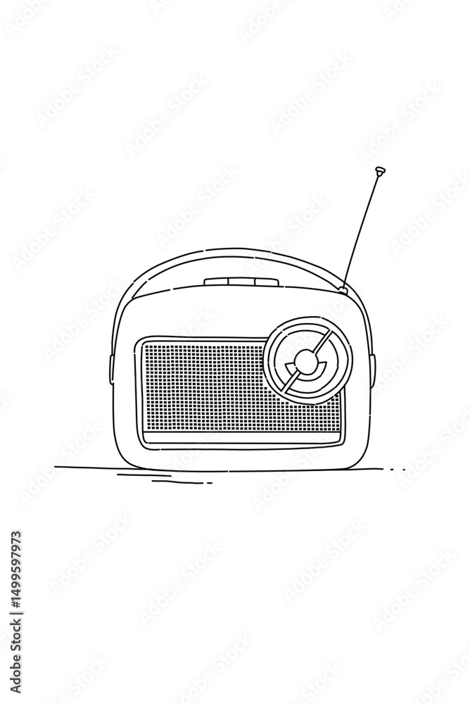Obraz premium Black and white line art Old radio object .Retro radio with Antenna
