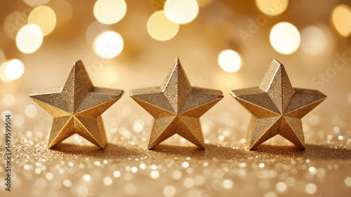 Golden Star Rating Display - Three Metallic Stars on Glittering Bokeh Background for Customer Feedback Systems, Service Evaluation Platforms, and Quality Assessment Visuals
