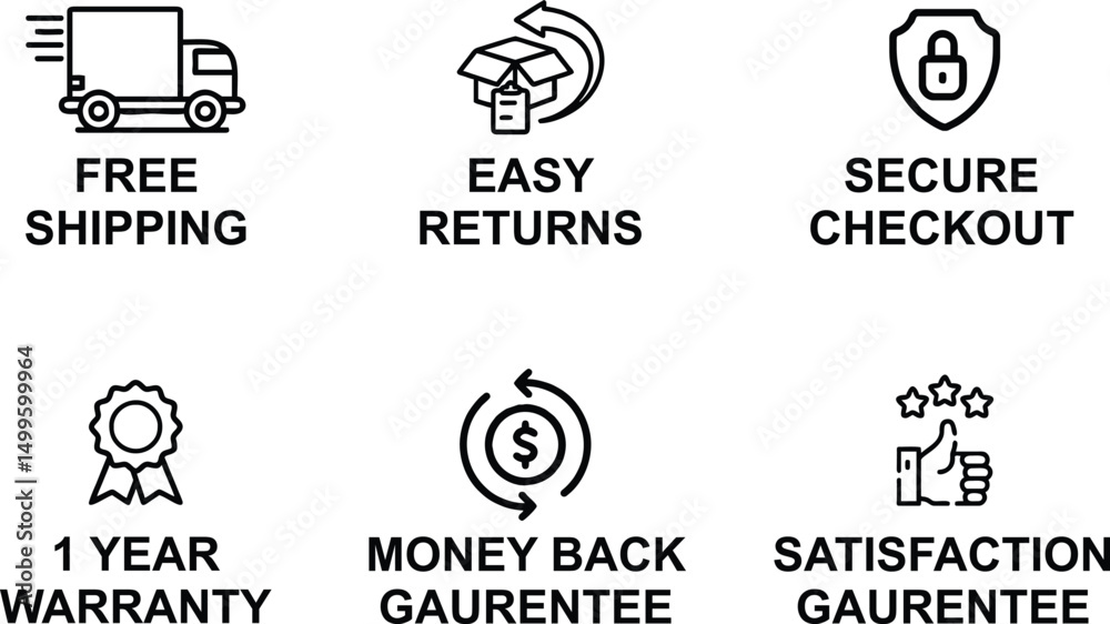 Fototapeta premium Ecommerce Guarantee Badges Vector Set – Money Back, Secure, Easy Return, Warranty, Free Shipping Labels