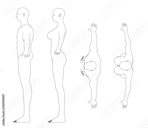 A man and a woman are shown in a series of four different poses. The man is standing with his arms crossed, while the woman is standing with her arms outstretched. The poses are all in black and white