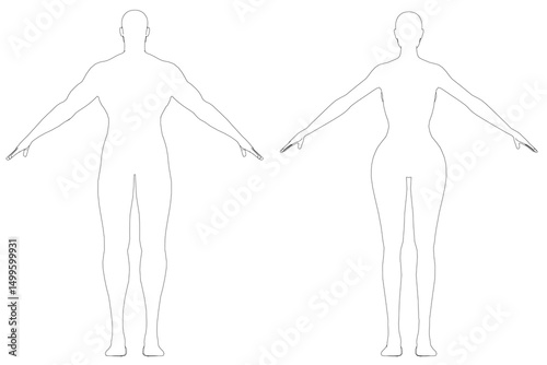 Two figures are shown in a white background. The first figure is a man with his arms crossed and the second figure is a woman with her arms outstretched. The figures are both dressed in all white
