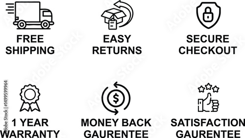 Ecommerce Guarantee Badges Vector Set – Money Back, Secure, Easy Return, Warranty, Free Shipping Labels