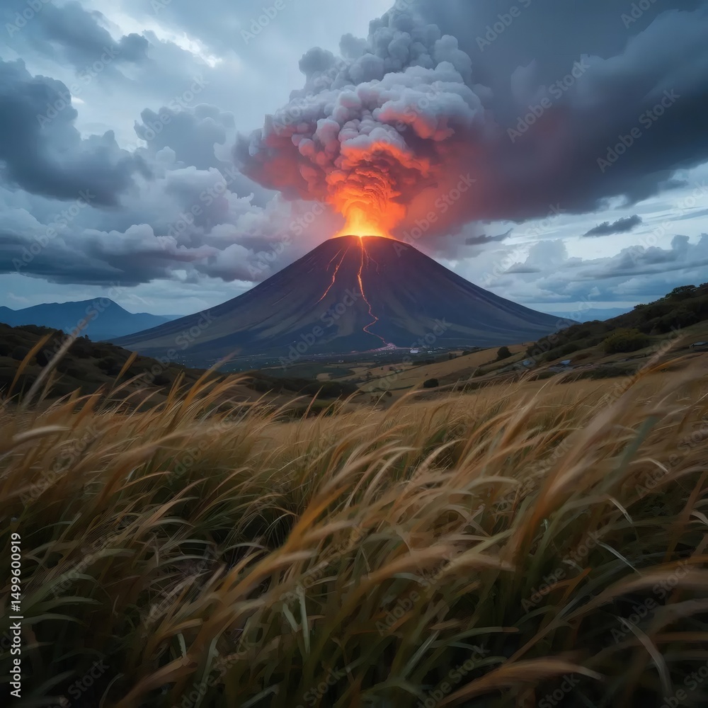 Obraz premium Erupting volcano in Iceland's snowy landscape with smoke and lava against a cloudy sky