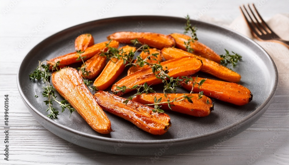 Baked cut carrots with thyme on a gray ceramic plate on white wooden table. Generated image Baked cut carrots with thyme on a gray ceramic plate on white wooden table. Generated image