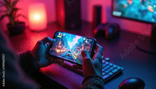 Person plays mobile game on smartphone. Gamer uses touchscreen at gaming setup with keyboard monitor. Dimly lit room with vibrant neon lights, controller, mouse also in place. Tech entertainment at photo