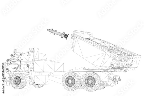 A rocket is launched from a truck. The rocket is in the air and the truck is on the ground