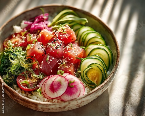 A gourmet poke bowl with raw tuna cubes and sliced avocado