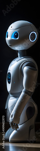 AI Educational Robot with Digital Tools in Classroom Setting vertical banner - wide skyscraper - black background