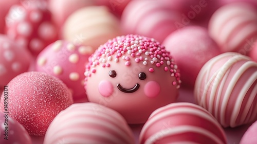 Sweet pink chocolate truffles, some decorated with sprinkles and a happy face