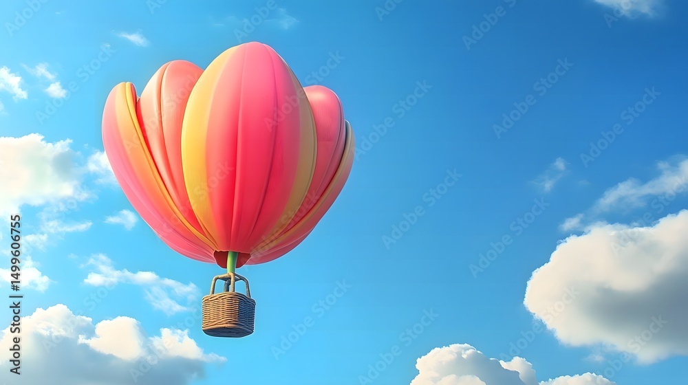 Fototapeta premium Pink flower hot air balloon floats in blue sky with fluffy clouds background