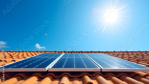 Solar panels installed on a terracotta tiled roof under a bright blue sky with a shining sun. Renewable, sustainable, green energy concept.