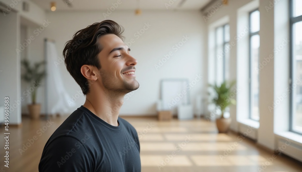 Obraz premium Serene Young Man with Closed Eyes Breathing Deeply in a Bright Minimalist Studio