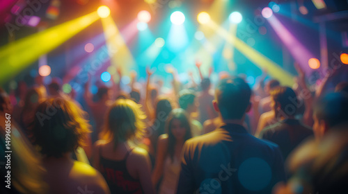Blurred background revelry shindig. A night party with people are having fun in colorful spotlight at a nightclub