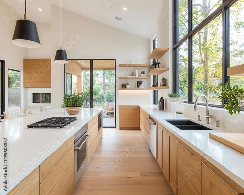 Sustainable luxury kitchen with bamboo cabinets and energysaving lighting, ecofriendly design