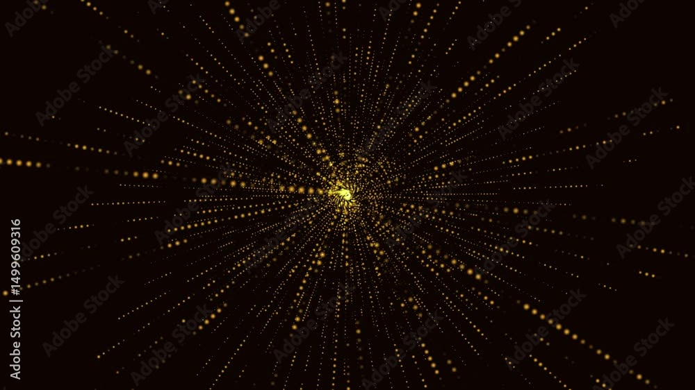 Abstract animation with a radial distribution of glowing golden dots on a dark background. The dots forming the lines radiate from the bright central source