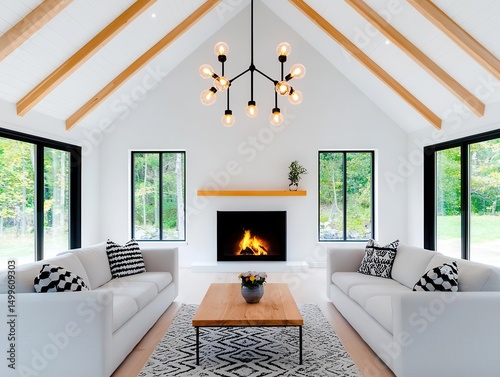 Statement chandelier in vaulted ceiling living room, luxury renovation feature