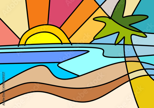 Colorful modern cubism style illustration of a tropical beach during summer. 