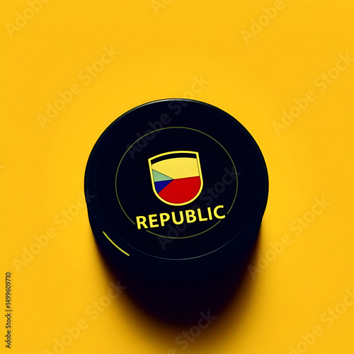 Hockey puck with the inscription `Czech Republic` on the golden background.Black puck  on golden background. We are Czech fans and we want gold medal.