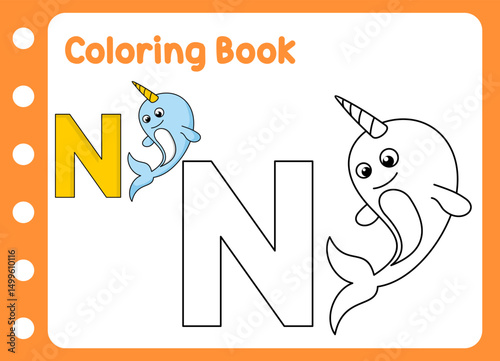 coloring book for kids. cute little  narwhal