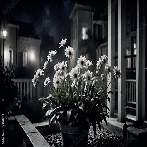 A potted plant with many white daisies sits on a stone ledge at night, with blurry buildings and lights in the background, creating a peaceful and slightly mysterious scene.